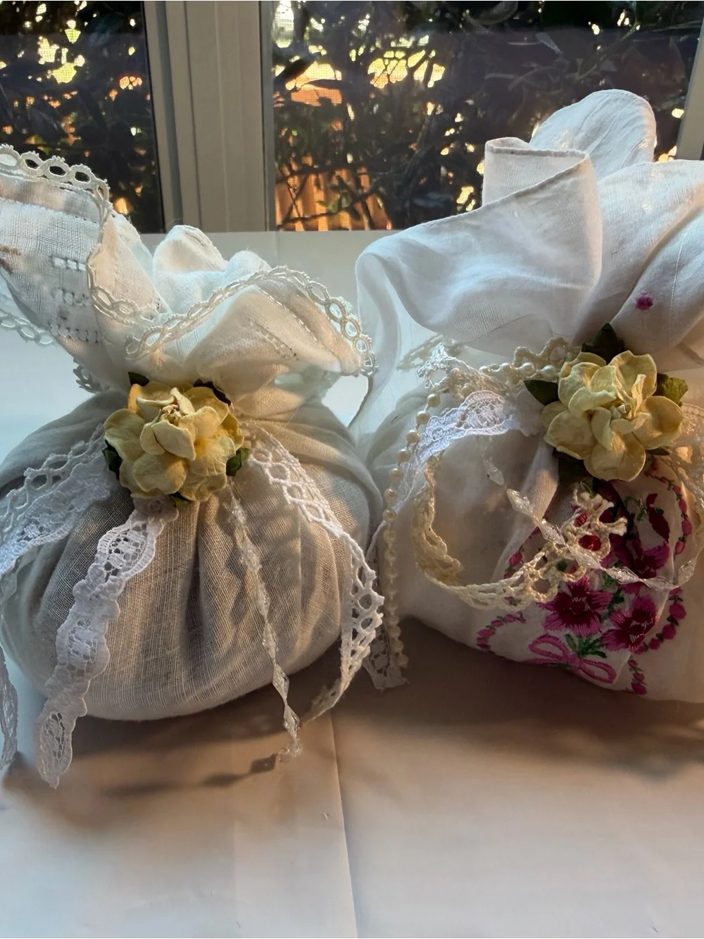 VINTAGE Embroidered Handkerchief Sachet Pouches Lace Floral Pair (2) Cottagecore